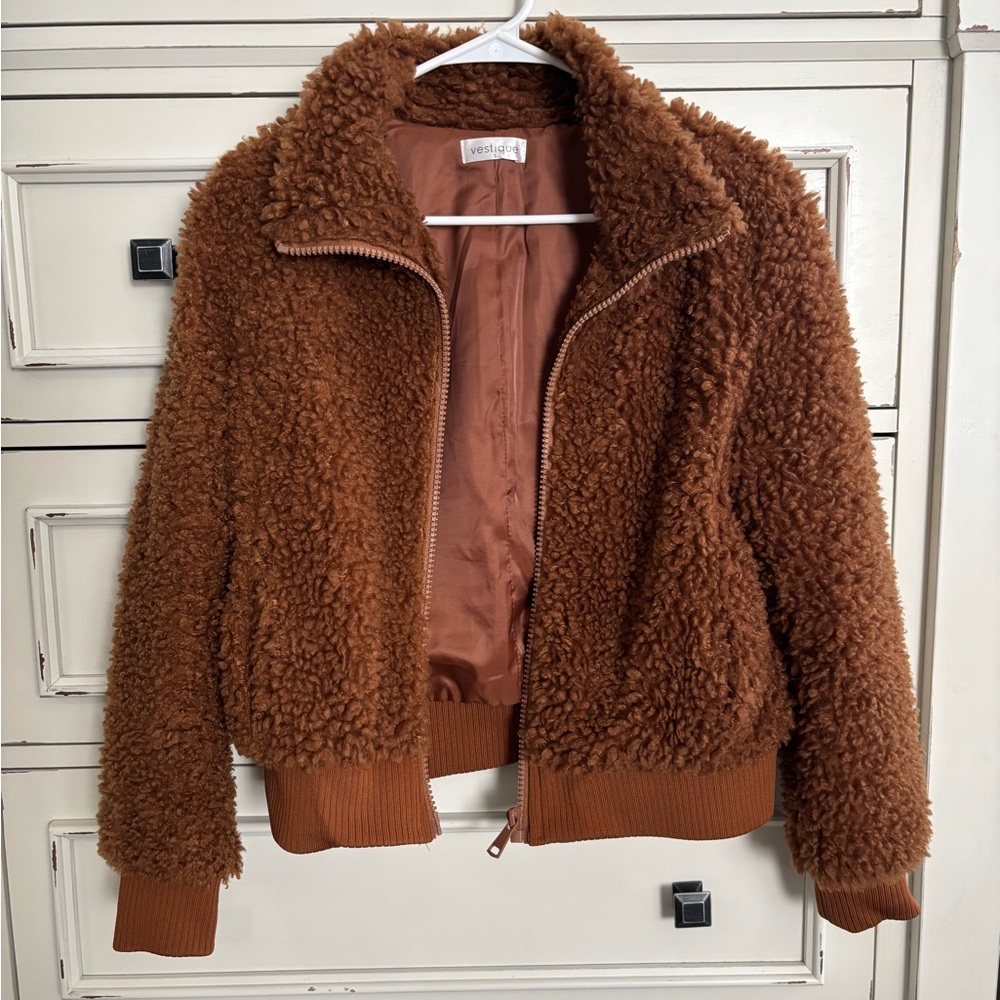 Vestique Warm Brown Teddy Zip Up Fuzzy Cozy Jacket Coat Small